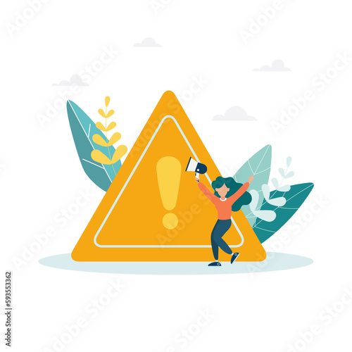 Important announcements, attention or warning information, breaking news or urgent messages, vigilance and caution concept. The girl announces on a megaphone with an exclamation point of attention.

