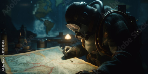 Diver studying underwater map for exploration