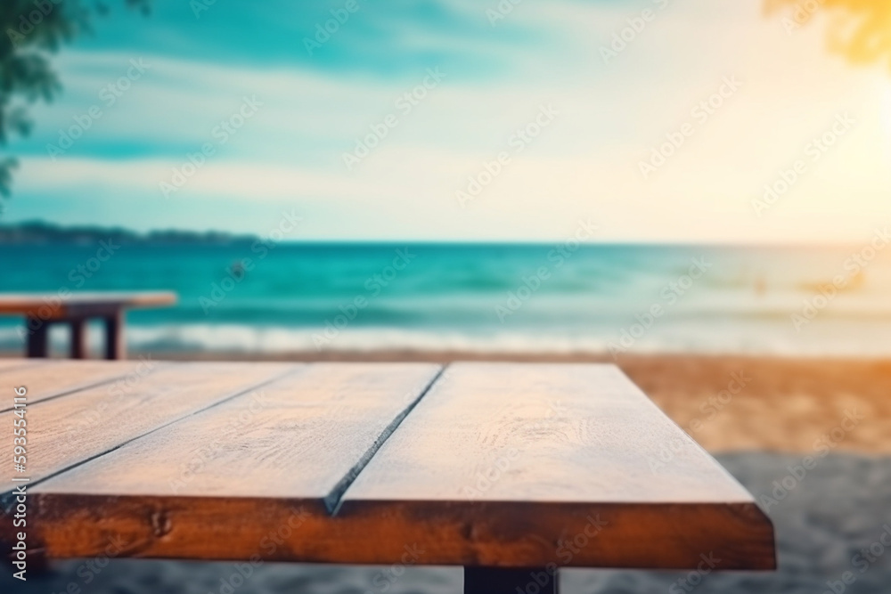 Summer Beach Table Counter Top, Podium Pedestal, Abstract Tropical Sunset or Sunrise Holiday Seaside Space Background. Product Mock up Display, Back Drop with Sea and Sky. Generative AI.