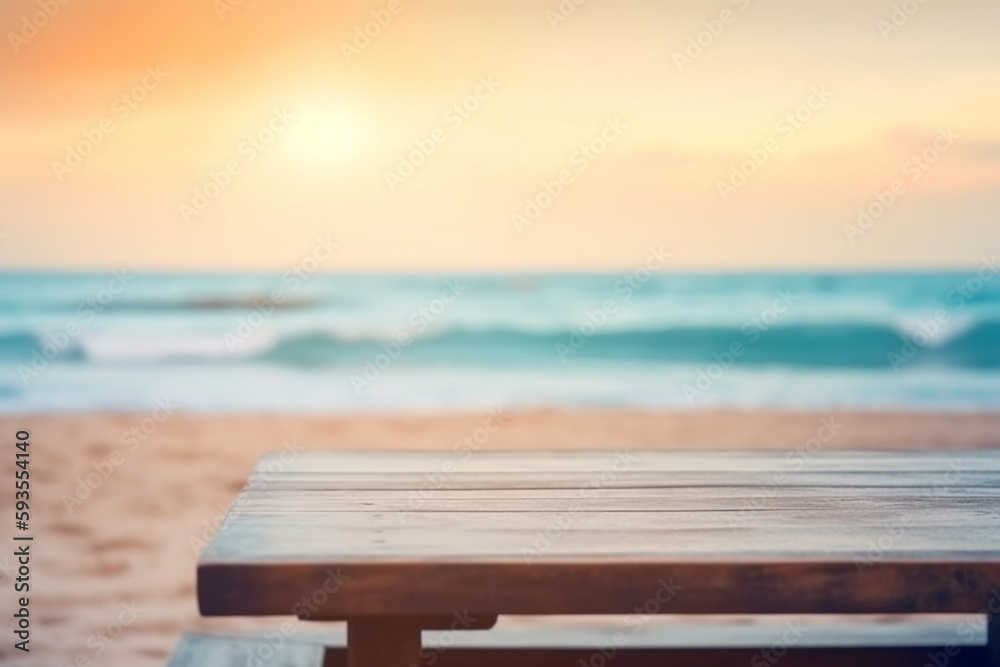 Summer Beach Table Counter Top, Podium Pedestal, Abstract Tropical Sunset or Sunrise Holiday Seaside Space Background. Product Mock up Display, Back Drop with Sea and Sky. Generative AI.