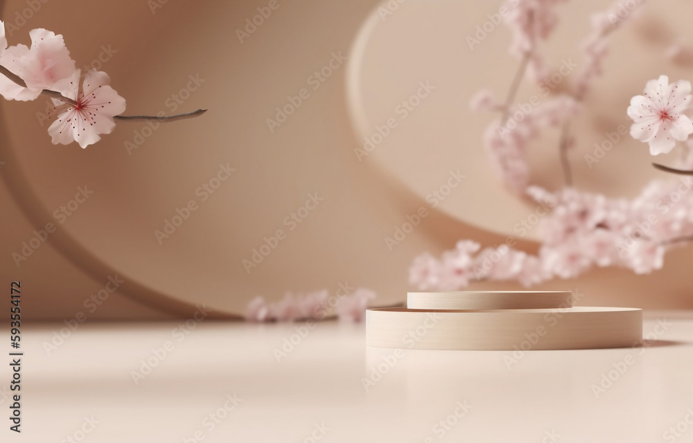 3D background, beige podium display. Sakura pink flower tree branch. Cosmetic or beauty product promotion step floral pedestal. Abstract minimal advertise. Copy space spring mockup. (AI generated)