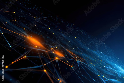black blue orange tech futuristic background, light, abstract glowing rays with flickering particles, plasma clot of energy, lines, dots, science and technology, network, generative ai.