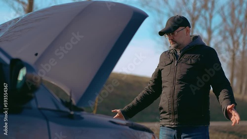 Frustrated man beside broken car with open hood spreads hands to sides not knowing what to do in tiring situation. Exhausted and stressed driver. Male on road with problem emergency insurance auto