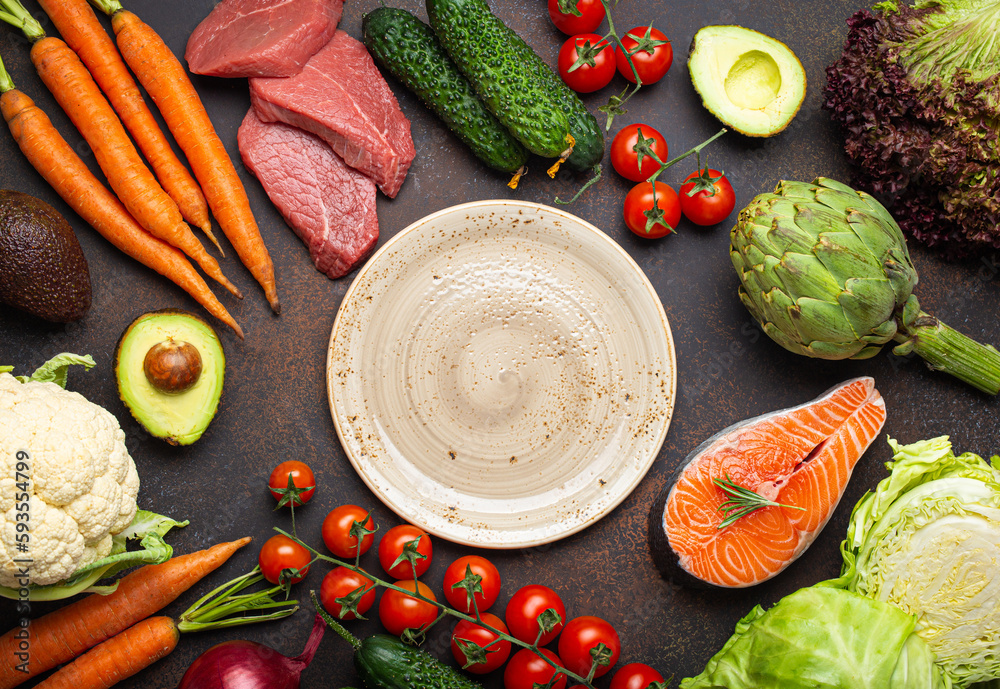 Assorted food raw products vegetables, beef meat, fish salmon and