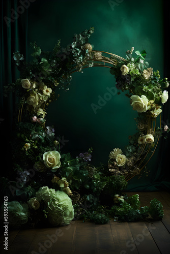 Create a Dreamy Studio Vibe with Black Gradient Background and Green Flower Arch Overlay - Elevate Your Photography Game