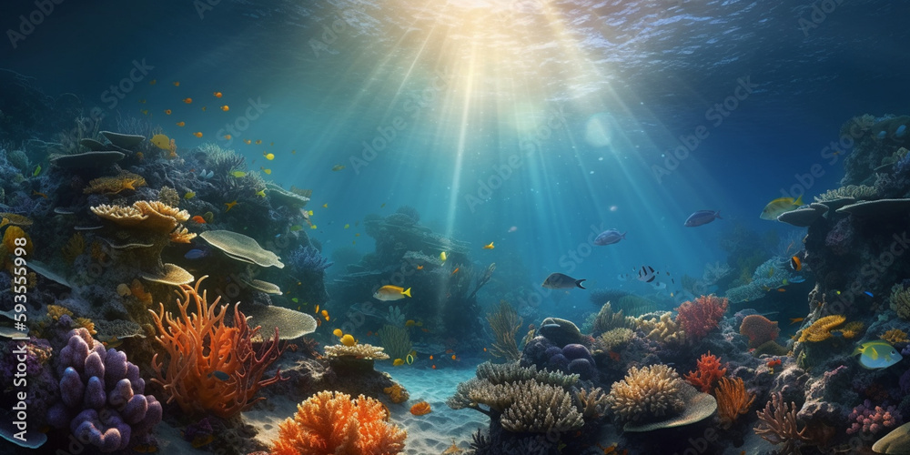Fototapeta premium Colorful Coral Reef with Fish in Clear Blue Water, Underwater Photography