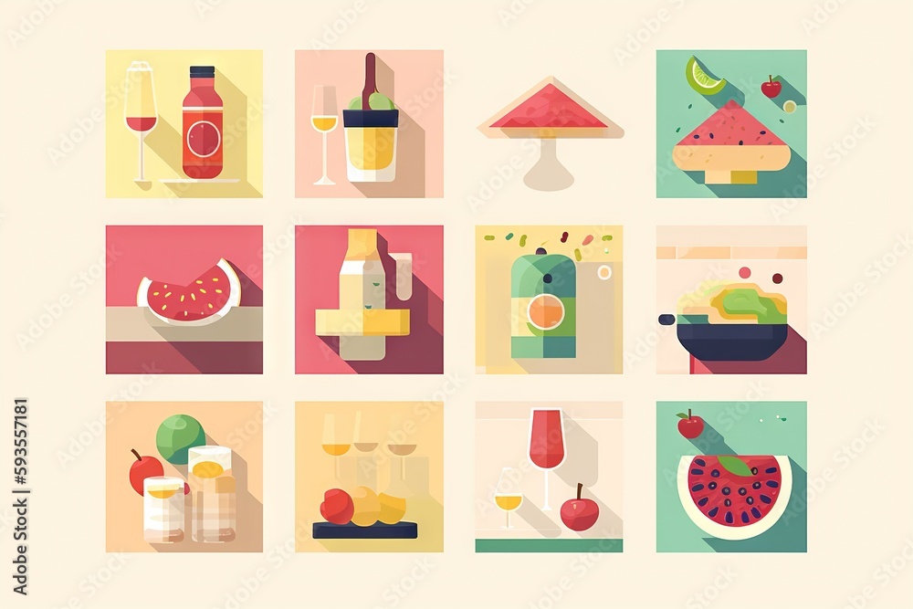 A Series Of Flat Design Icons With Different Types Of Food And Drinks Kitchen Fauvism Food And Beverage Generative AI