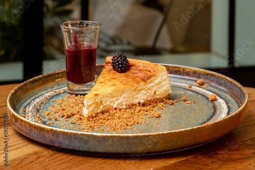 Pice of cake with souse on a plate
