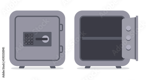 Closed bank safe and open empty safe. Vector.