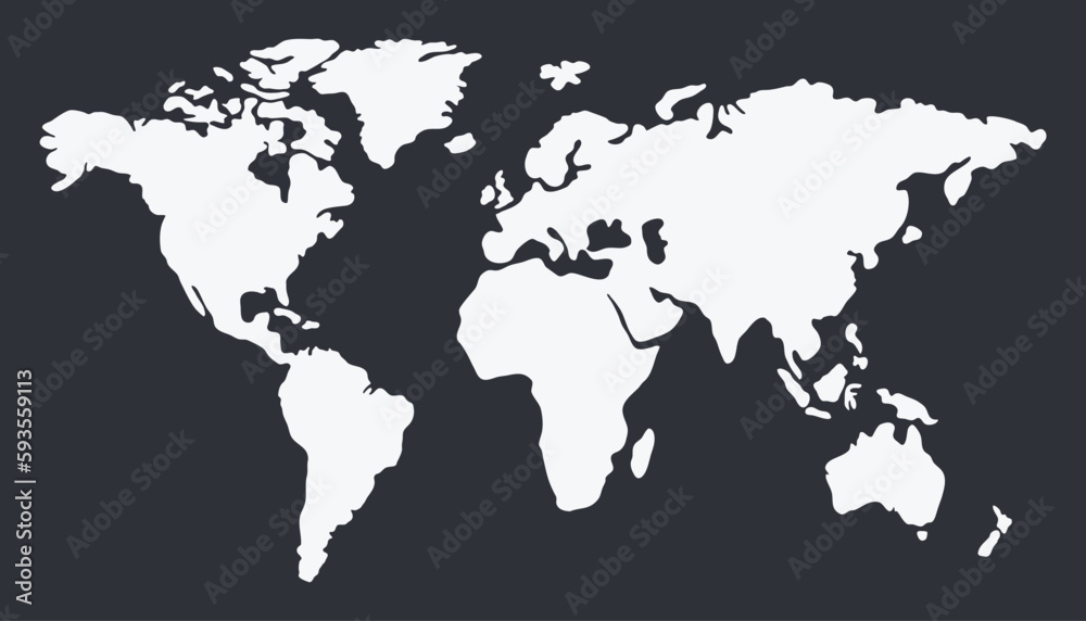 White world map isolated on black background. Vector illustration.