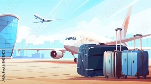Baggage or suitcase in the airport with plane on background illustration