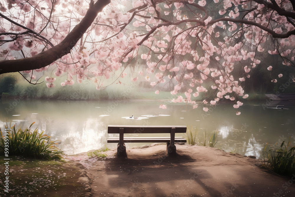 bench in the park, cherry blossom tree