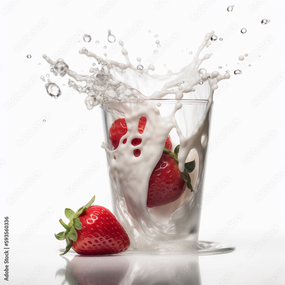 A strawberry falls into a glass with milk , Ai generated A strawberry falls into a glass with milk , Ai generated