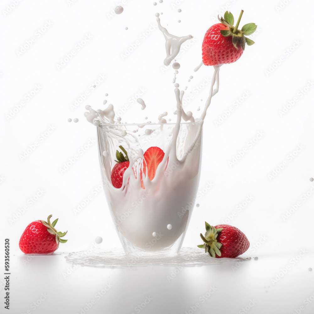 A strawberry falls into a glass with milk , Ai generated A strawberry falls into a glass with milk , Ai generated