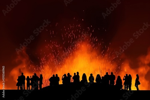 Silhouettes of people around a large bonfire, looking at the fire, Walpurgis night. Uprising, protesting. generative ai