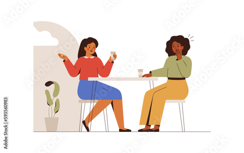 Women talking about surprised news and rumors in cafe. Colleagues sharing gossips on work in the office. Female friends slandering or spreading secrets. Vector illustration