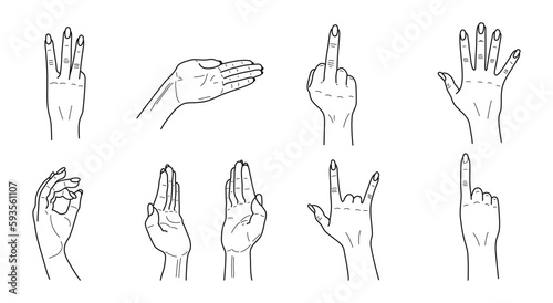 Set of icons women's hands in a trendy minimal linear style. Vector illustration.