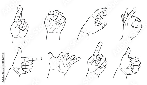 Collection of male hand gestures set on white background. Vector illustration.