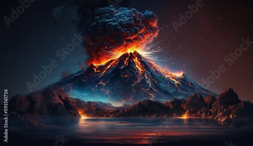 激しく噴火する火山の夜景：AI作品 