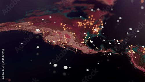 Motion graphics video footage of animated topographic map with remarkable shining elements and highlighted areas, dots. Motion graphics video of animated topographic shining map.