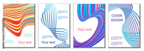 A set of 4 abstract covers. Wavy parallel gradient lines, ribbons evolve. Cover design, background. Trendy banner, poster.