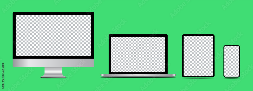 Realistic set of monitor, laptop, tablet, smartphone on green background. Vector illustrat