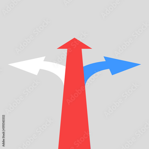 Three arrows pointing in different directions. Making a choice. Vector.