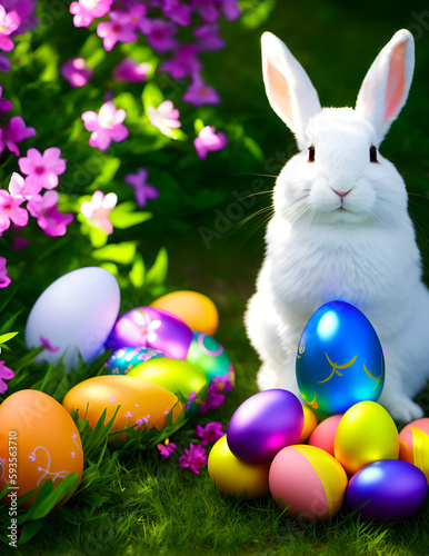 cute bunny with colorful eggs  creative easter  create with generative Ai