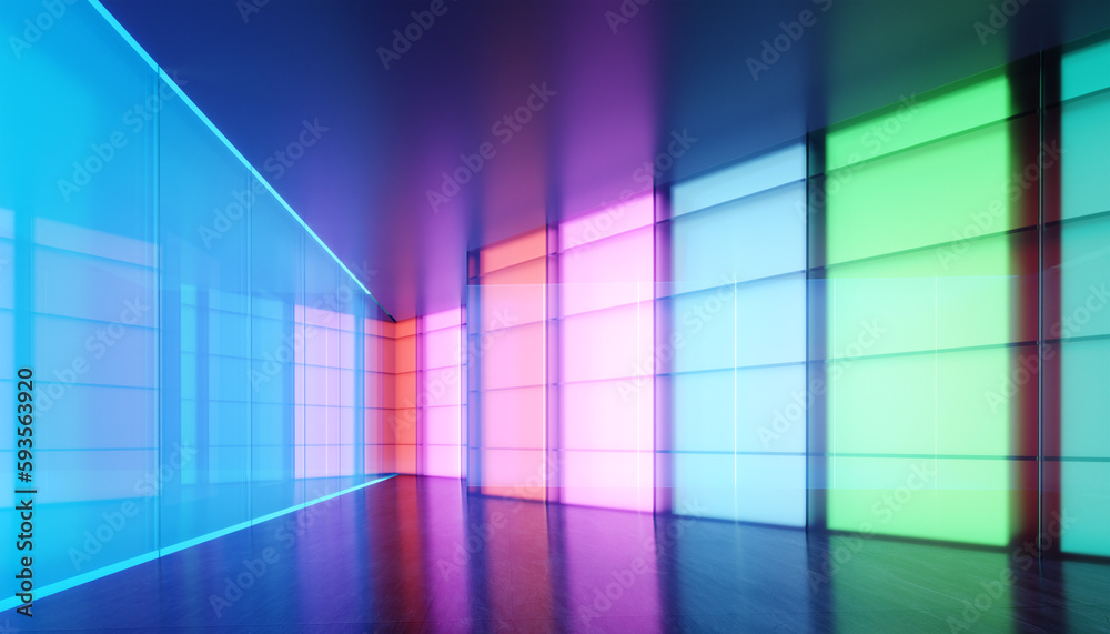 Colored gradient transparent glass wall and luminous glass billboard