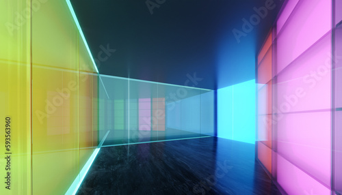 3D Empty modern multiple purpose room space with colored gradient transparent glass wall