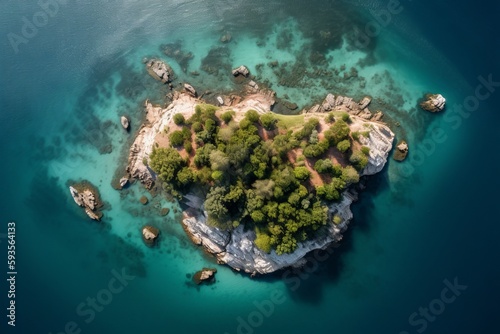 Tropical Island surrounded by clear water, by sea. In a shape of a heart. AI Generative