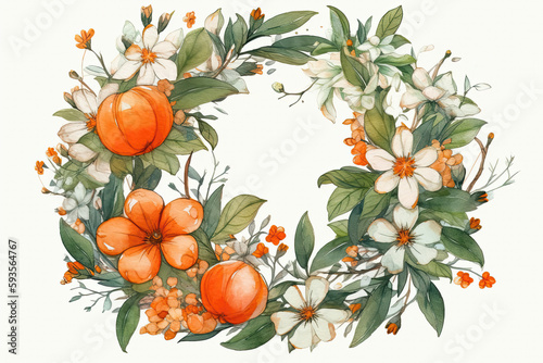 Orange Flowers Wreath With White Circle. Generative AI