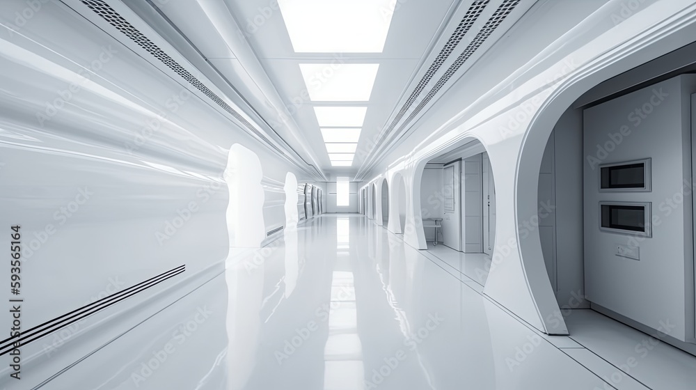 Futuristic Architecture Sci-Fi Corridor Interior in Space Station with Earth Planet View, 3D Rendering. Generative AI illustration Futuristic Architecture Sci-Fi Corridor Interior in Space Station with Earth Planet View, 3D Rendering. Generative AI illustration
