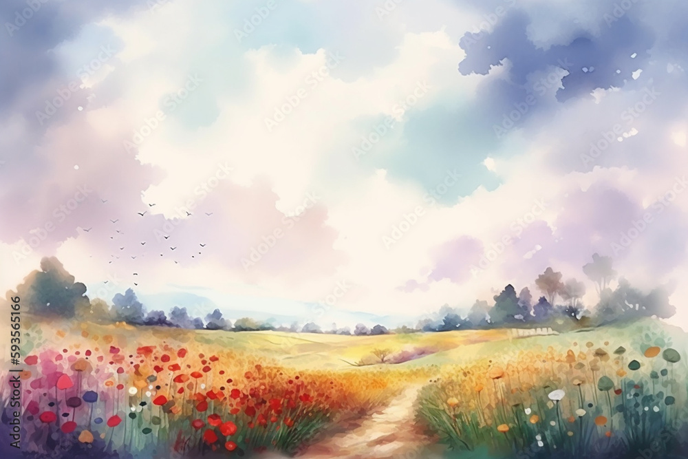 Summer Blooms: A Pastel Watercolor Painting of a Flowery Meadow