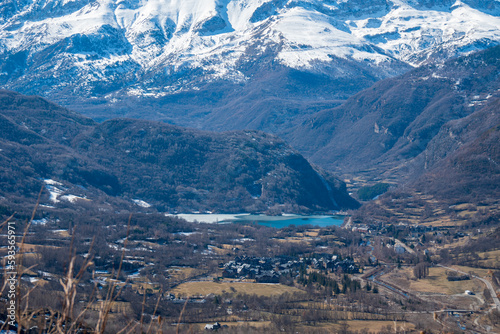 Benasque village aerial view in Huesca Pyrenees mountains Spain