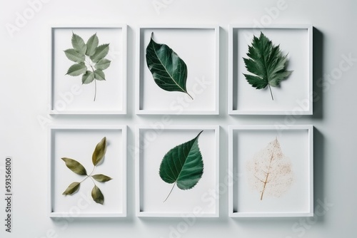 White Square Frame With Painting Of Lush Leaves, In The Style Of Minimalist Backgrounds, Minimalist Sets. Generative AI