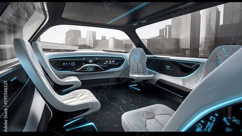 Futuristic autonomous self-driving Car Interior. Generative AI illustration © EZPS