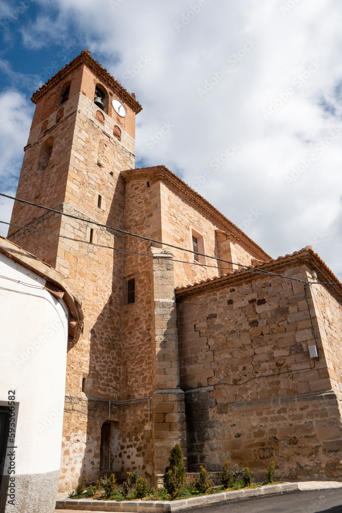 El Castellar stone village in Gudar mountains Teruel Aragon Spain on March 11, 2023 The parish church.
