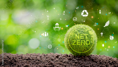 The green globe rests on the ground. Green background with net-zero icons. CO2 Net-Zero Emission - Carbon Neutral Concept.