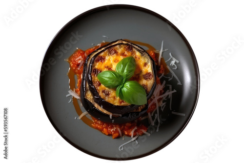 Parmigiana Di Melanzane On Black Plate, Top View. On An Isolated Transparent Background, Png. Generative AI photo
