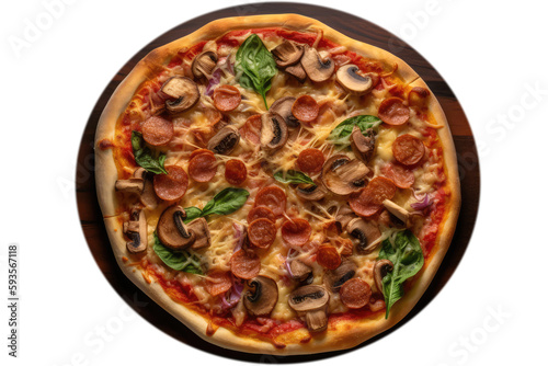 Pizza Prosciutto E Funghi On Black Plate, Top View. On An Isolated Transparent Background, Png. Generative AI