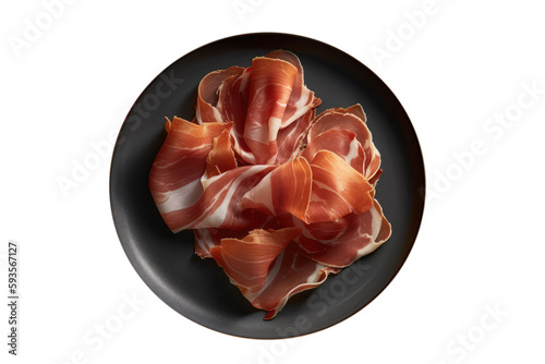 Prosciutto Di Parma On Black Plate, Top View. On An Isolated Transparent Background, Png. Generative AI photo