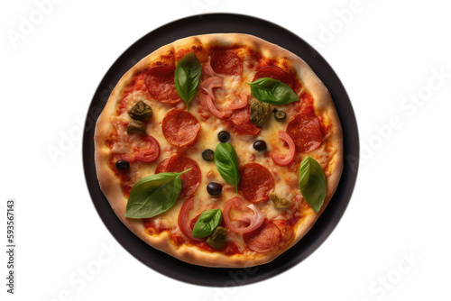 Pizza Quattro Formaggi On Black Plate, Top View. On An Isolated Transparent Background, Png. Generative AI