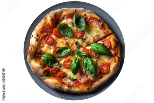 Pizza Margherita On Black Plate, Top View On An Isolated Transparent Background, Png. Generative AI