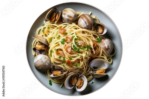 Spaghetti Alle Vongole On White Plate, Top View. On An Isolated Transparent Background, Png. Generative AI photo