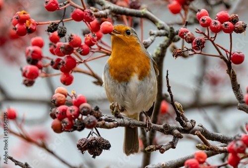 Selective focus of a European robin perched on a rowan berry branch and holding a berry with beak