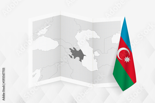 A grayscale map of Azerbaijan with a hanging Azerbaijani flag on one side. Vector map for many types of news.