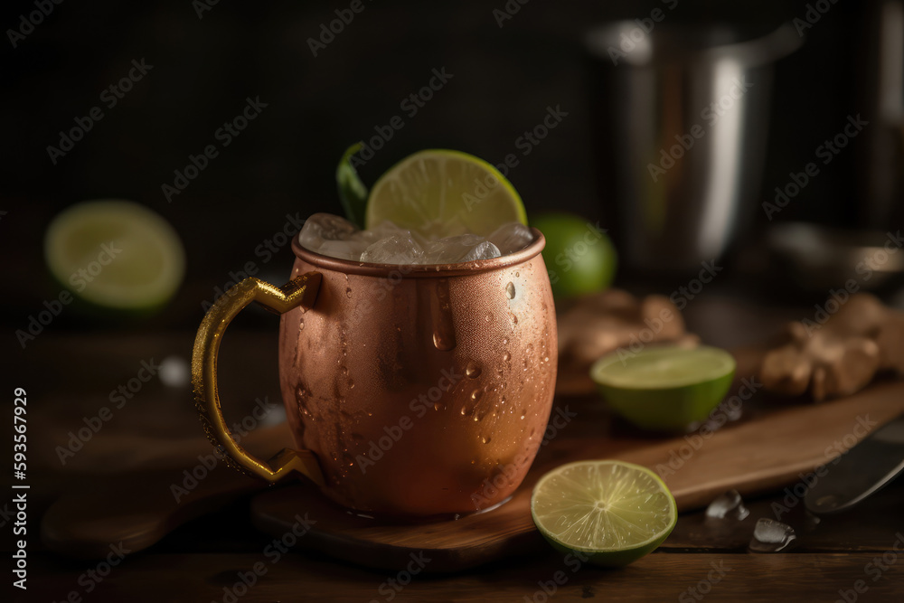 Copper Mug Of Ginger Beer With Lime Slice. Generative AI Copper Mug Of Ginger Beer With Lime Slice. Generative AI