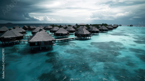 Luxurious Resort In The Ocean With Huts And Coral Reef. Generative AI