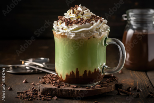 Matcha Latte Topped With Whipped Cream And Chocolate Shavings. Generative AI